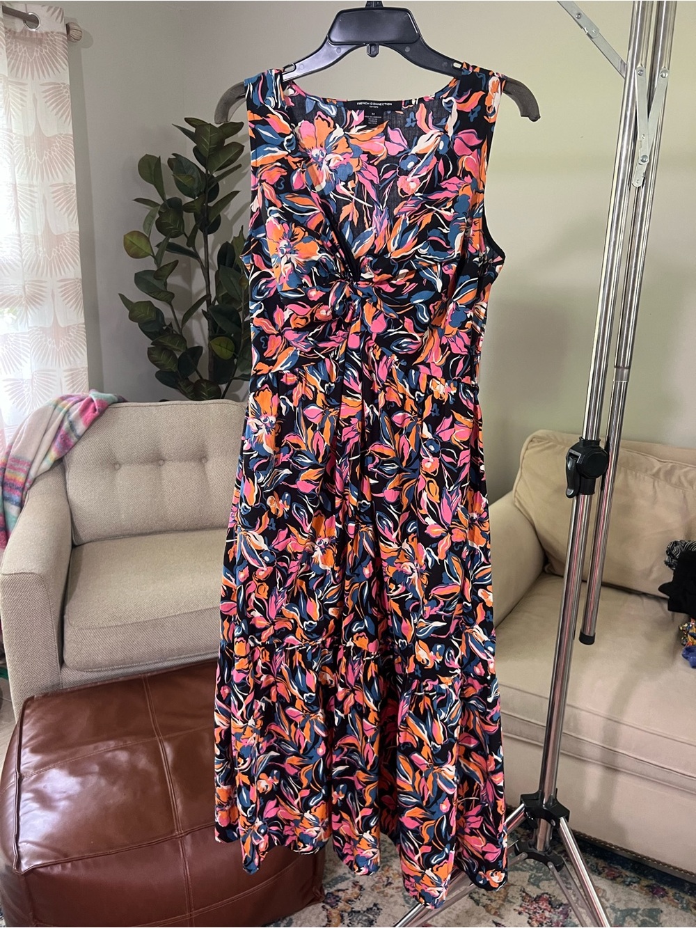 Floral Twist-Front Sleeveless Midi Dress - Black/Pink/Orange